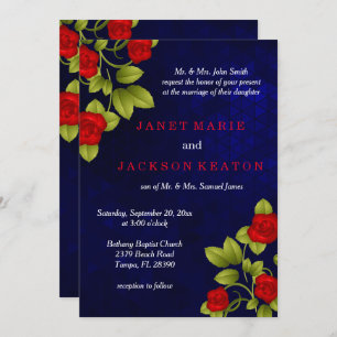 Dark Blue and Red Rose Wedding Invitation