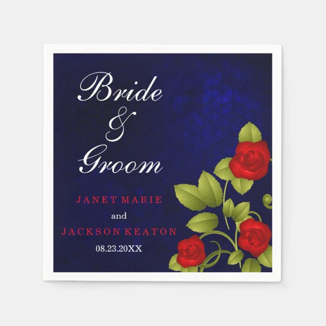 Dark Blue and Red Rose Wedding Napkin (Front)