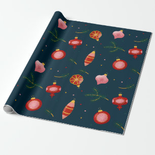 Dark Blue and Red Vintage Illustrated Christmas Wrapping Paper