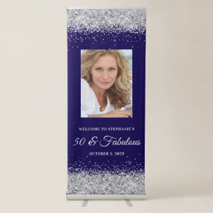 Dark Blue and Silver Glitter 50 & Fabulous Welcome Retractable Banner