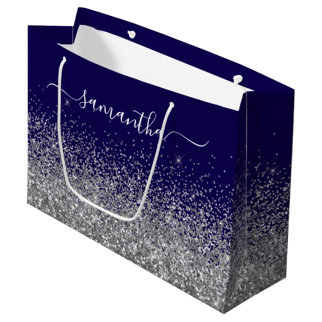 Dark Blue and Silver Glitter Elegant Name Large Gift Bag (Front Angled)