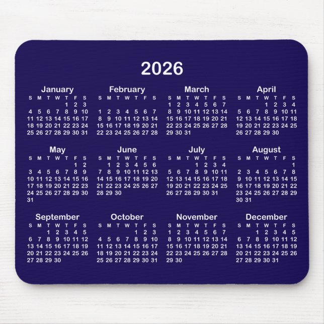 Dark Blue and White 2026 Calendar Mouse Mat (Front)
