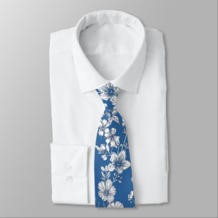 Dark Blue and White Chinoiserie Floral  Tie
