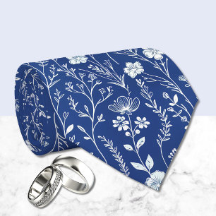 Dark Blue and White Chinoiserie Floral Tie