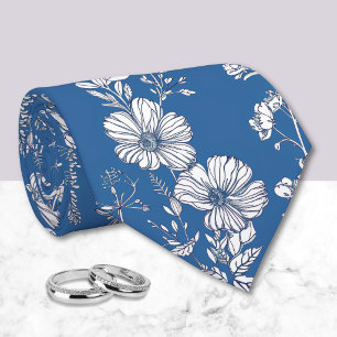 Dark Blue and White Chinoiserie Floral Tie