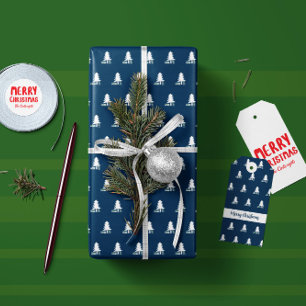 Dark Blue and White Christmas Tree Design Wrapping Paper