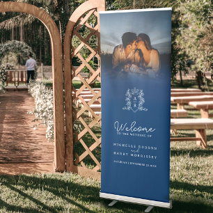 Dark blue and white crown monogram wedding photo retractable banner