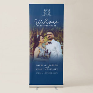 Dark blue and white crown monogram wedding photo retractable banner
