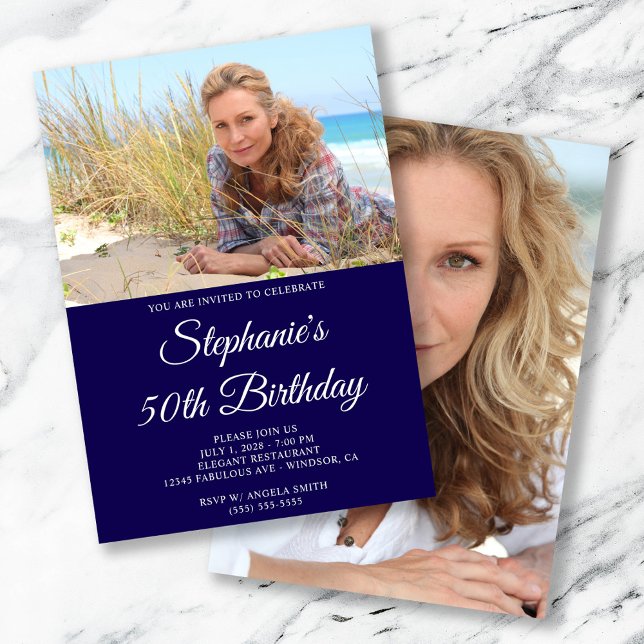 Dark Blue and White Elegant Script 50th Birthday Invitation (Dark Blue and White Elegant Script 50th Birthday Invitation)