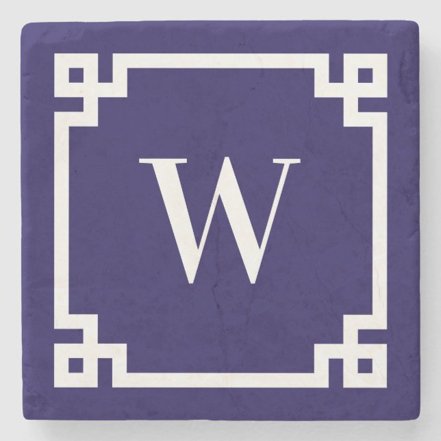 Dark Blue and White Greek Key Border Monogram Stone Coaster (Front)