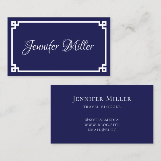 Dark Blue and White Greek Key Minimalist Business Card (Front/Back)