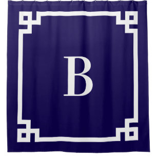 Dark Blue and White Greek Key Simple Monogram Shower Curtain