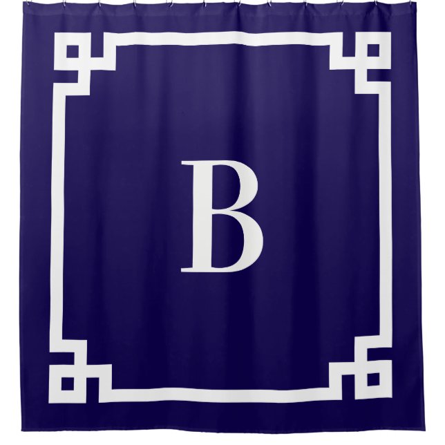 Dark Blue and White Greek Key Simple Monogram Shower Curtain (Front)