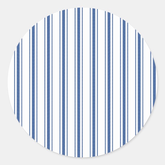 Dark Blue and White Mattress Ticking Narrow Stripe Classic Round Sticker (Front)