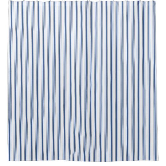Dark Blue and White Mattress Ticking Narrow Stripe Shower Curtain