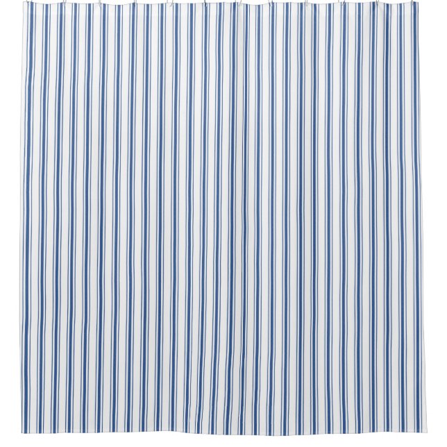 Dark Blue and White Mattress Ticking Narrow Stripe Shower Curtain (Front)