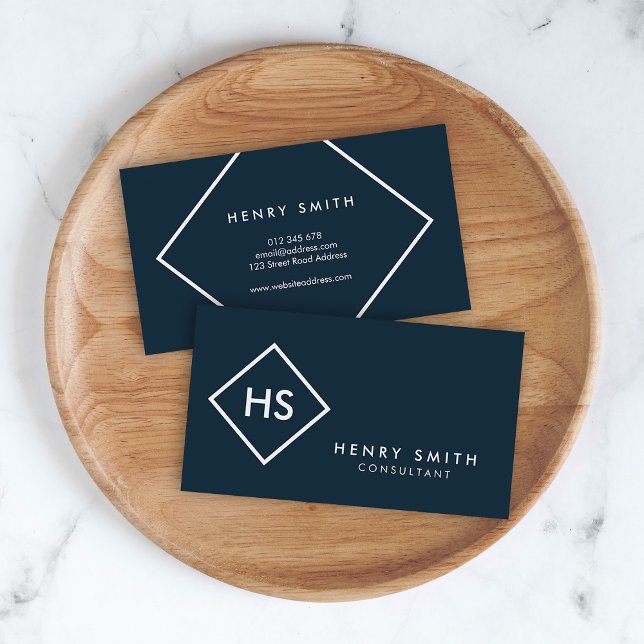 Dark Blue and White Minimalist Geometric Monogram Business Card (Creator Uploaded)