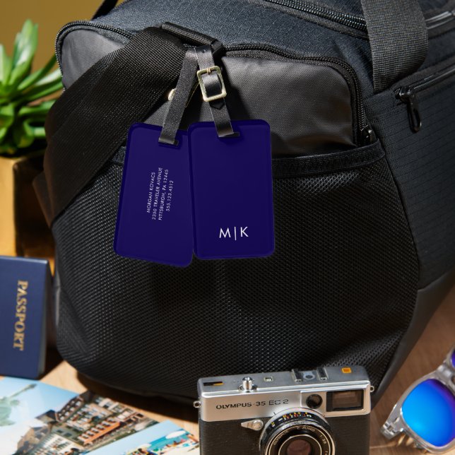 Dark Blue and White  Modern Monogram  Luggage Tag (Front & Back)