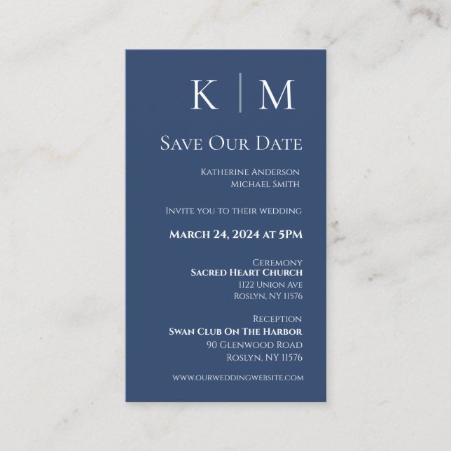Dark Blue and white-Modern-Save the Date- Business Card (Front)