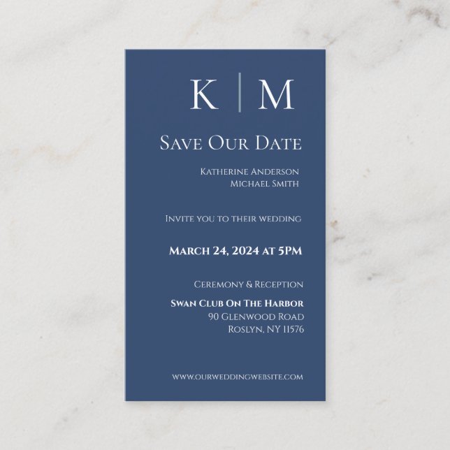 Dark Blue and White-Modern-Save the Date- Business Card (Front)