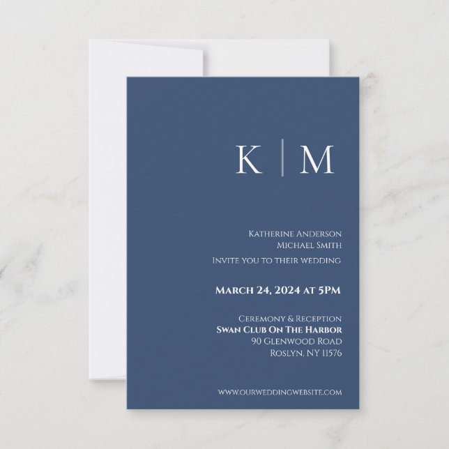 Dark Blue and White-Monogram-Wedding- Invitation (Front)