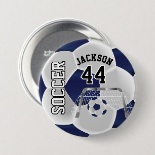 Dark Blue and White Personalise Soccer Ball 7.5 Cm Round Badge