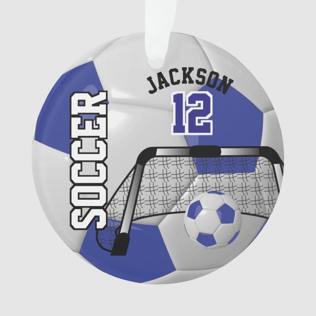 Dark Blue and White Personalise Soccer Ball Ornament (Front)