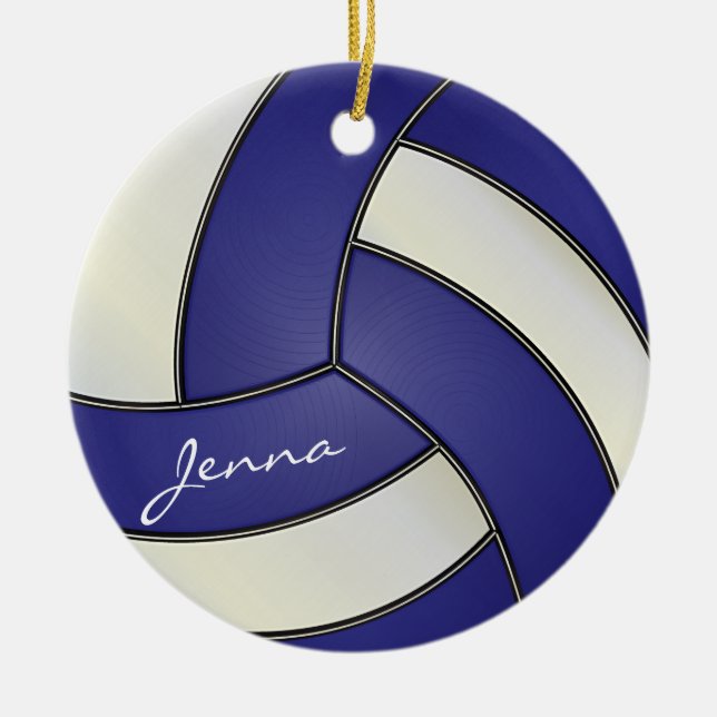 Dark Blue and White Personalise Volleyball Ceramic Tree Decoration (Front)
