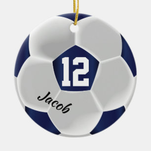 Dark Blue and White Soccer Ball Ceramic Tree Decoration