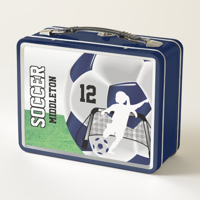 Dark Blue and White Soccer Ball - Soccer Girl Metal Lunch Box (Back)
