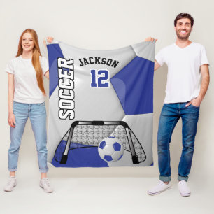 Dark Blue and White Soccer Ball with DIY Text Fleece Blanket