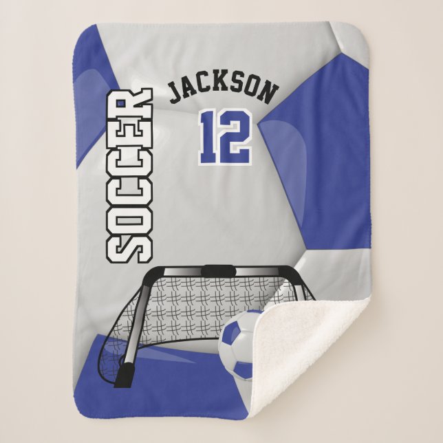 Dark Blue and White Soccer Ball with DIY Text Sherpa Blanket (Front)