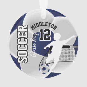 Dark Blue and White Soccer Goalie Boy Ornament