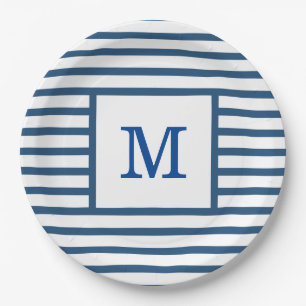 Dark Blue and White Stripes Custom Monogram Paper Plate