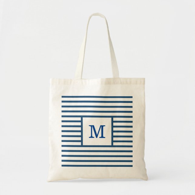 Dark Blue and White Stripes Custom Monogram Tote Bag (Front)