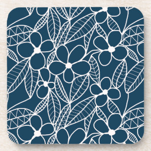 Dark Blue and White Tropical Flowers Coaster