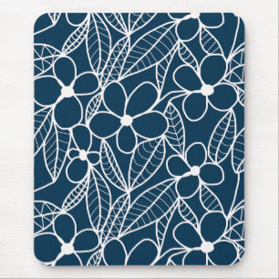 Dark Blue and White Tropical Flowers Mouse Mat