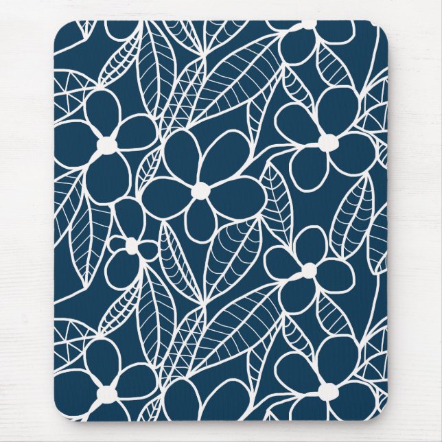 Dark Blue and White Tropical Flowers Mouse Mat (Front)