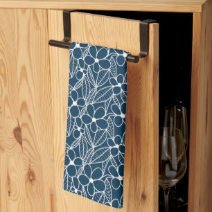 Dark Blue and White Tropical Flowers Tea Towel