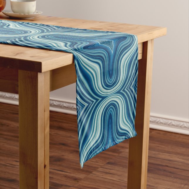 Dark Blue and White Wavy Rhombus Pattern Short Table Runner (In Situ)