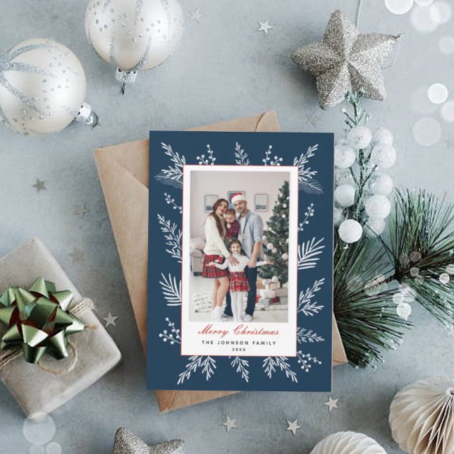 Dark blue and white winter foliage photo holiday card (Creator Uploaded)