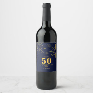 Dark Blue and Yellow Fireworks 50th Anniversary Wine Label