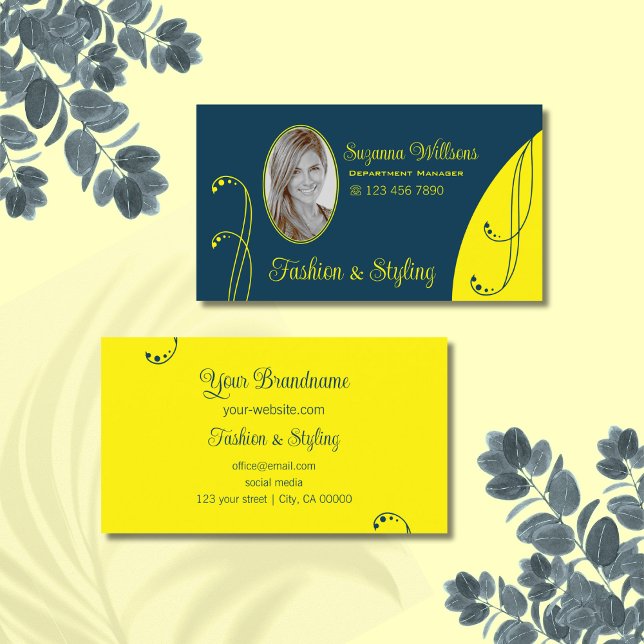 Dark Blue and Yellow Ornate with Portrait Photo Business Card (Creator Uploaded)