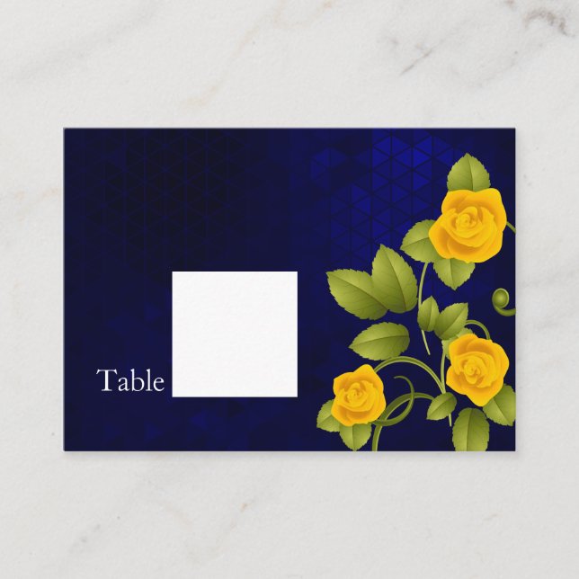 Dark Blue and Yellow Rose Wedding Place Card (Front)