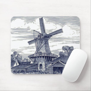 Dark Blue Antique Delft Blue Dutch Windmill Mouse Mat