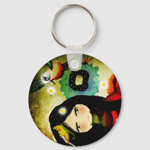 Dark blue aqua poppy girl bird flower old styled K Key Ring