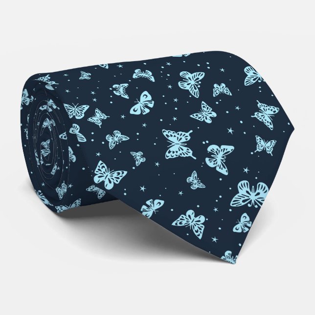 Dark blue aqua vintage butterfly motif pattern tie (Rolled)