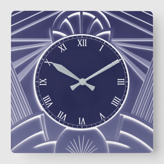 Dark Blue Art Deco Clock - Stylish Abstract Lines (Front)