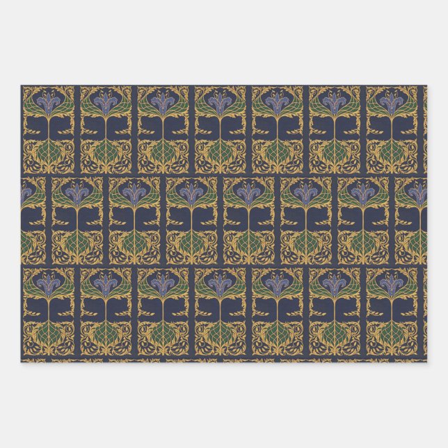 Dark Blue Art Nouveau Old Book Wrapping Paper Sheet (Front)