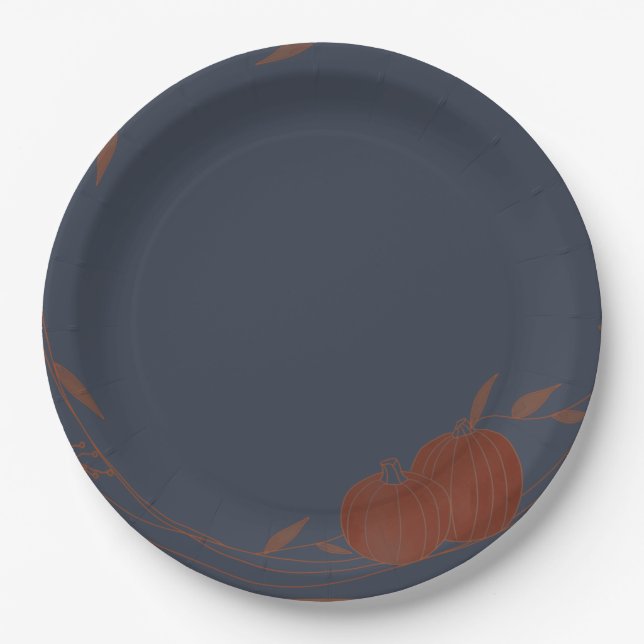 Dark Blue Autumn Pumpkins & Leaves  Paper Plate (Front)